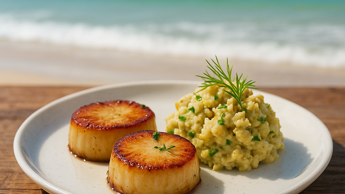 King Oyster Mushroom "Scallops" and Chickpea "Tuna" and Seaweed Salad
